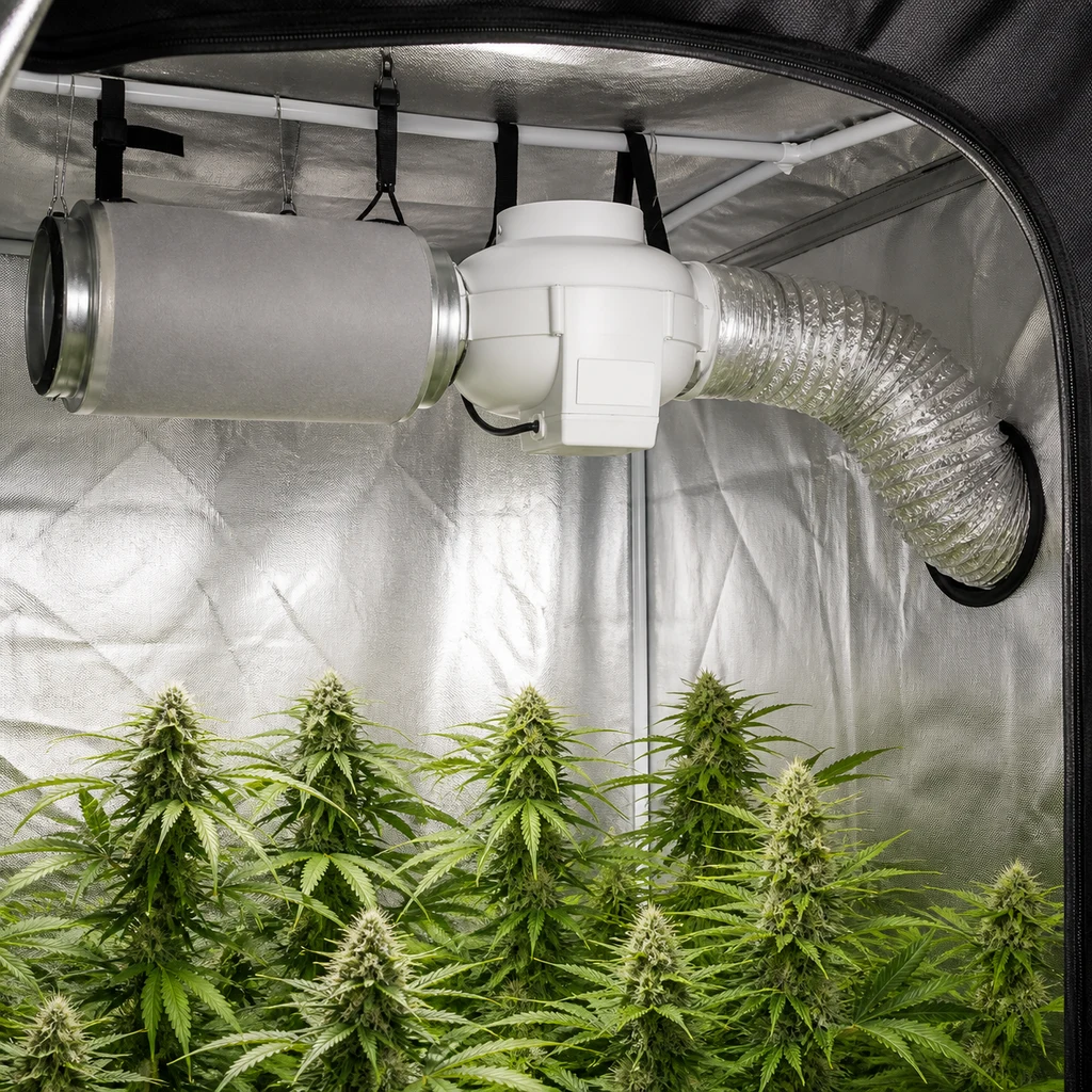 Filtro cilíndrico conectado a un extractor blanco y un conducto flexible plateado, suspendidos sobre plantas en un armario de cultivo.
