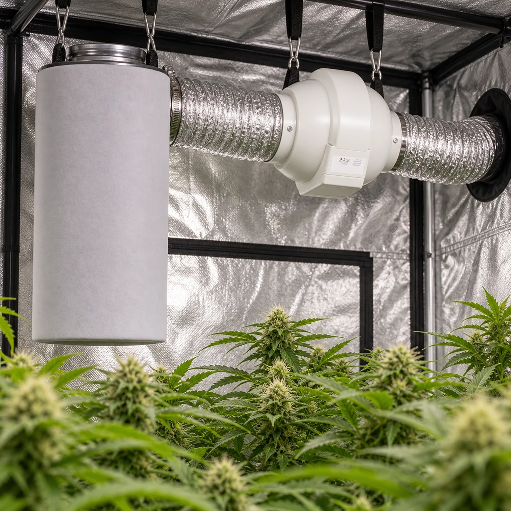 Kit de extracción con filtro cilíndrico, extractor blanco y conductos plateados, suspendido sobre plantas en un armario de cultivo.