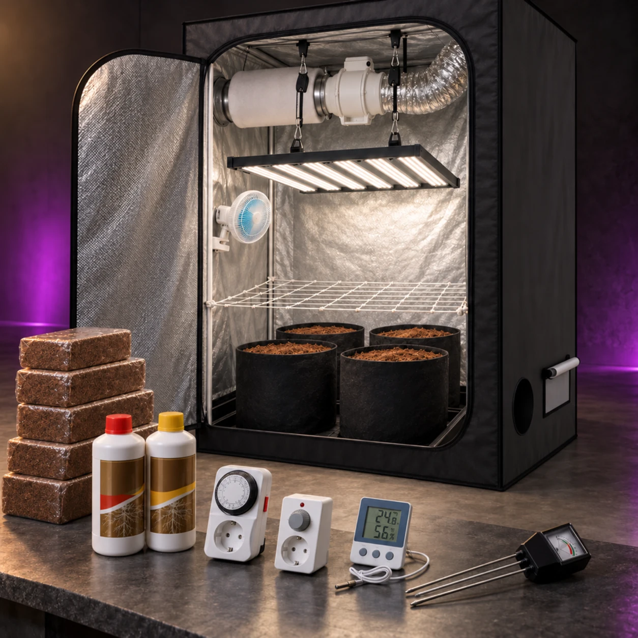 Kit de cultivo interior con armario abierto, panel LED, ventilación y macetas; bloques de coco, botellas y dispositivos de control delante.