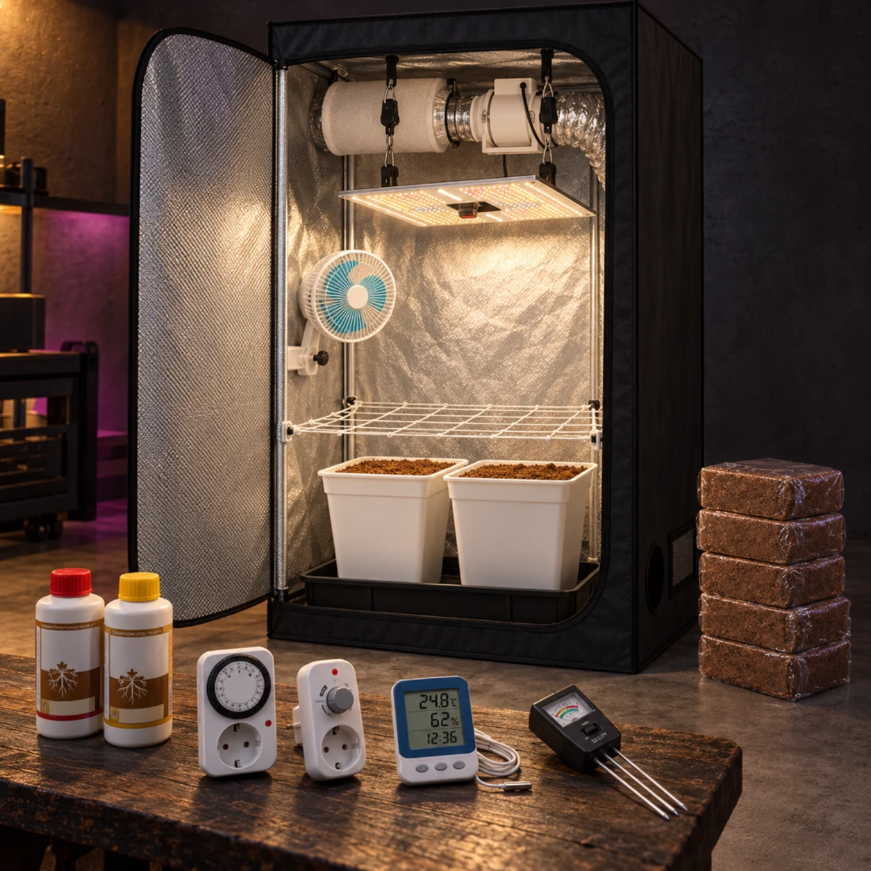 Kit de cultivo interior con armario abierto, panel LED, ventilador y macetas; accesorios de control, botellas y bloques de coco delante.