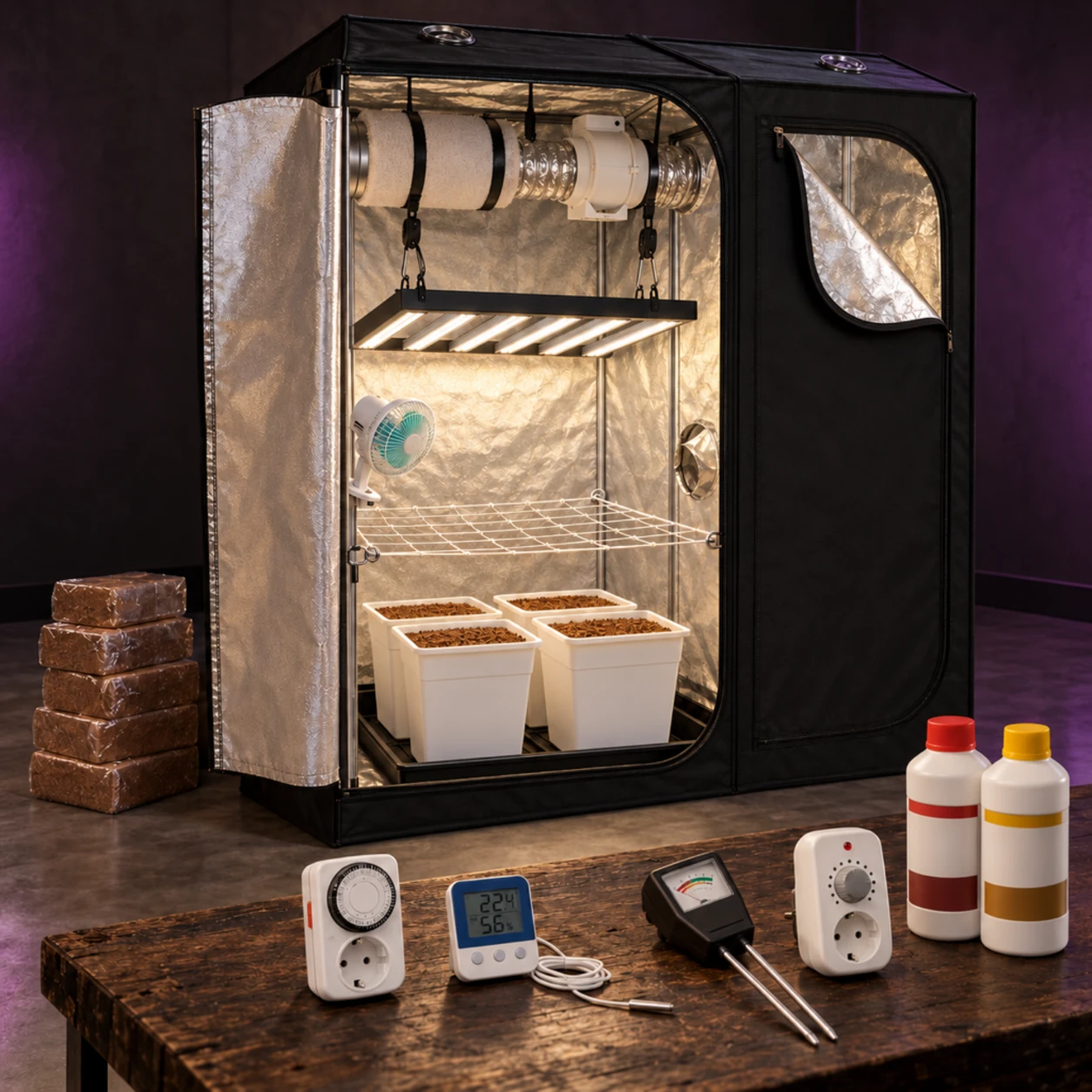 Armario de cultivo abierto con panel LED, ventilación, malla y macetas blancas; bloques de sustrato, medidores y botellas alrededor.