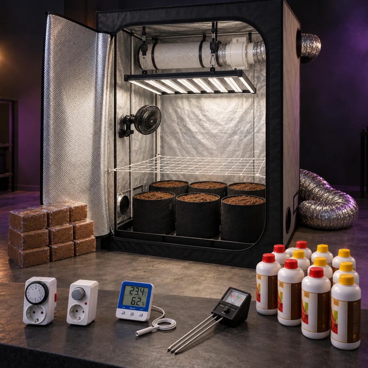 Kit de cultivo interior con armario abierto, panel LED, ventilación y macetas, acompañado de bloques de coco, botellas y medidores.