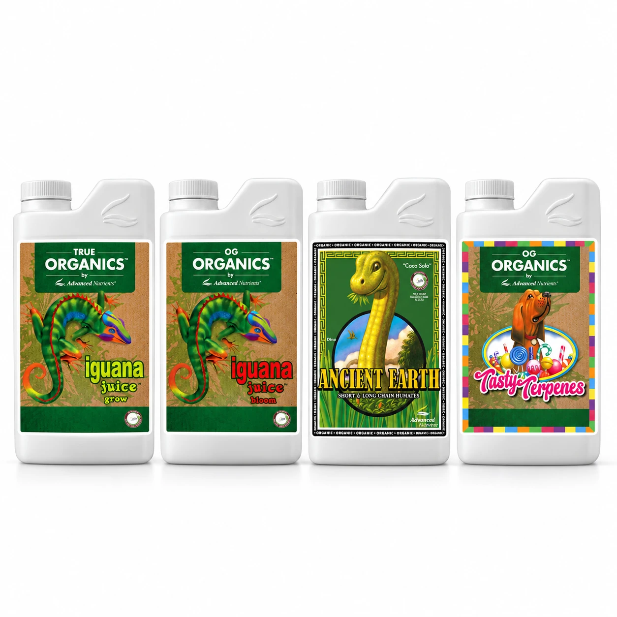 Selección de envases blancos de OG Organics: Iguana Juice Grow, Iguana Juice Bloom, Ancient Earth y Tasty Terpenes, con etiquetas ilustradas.