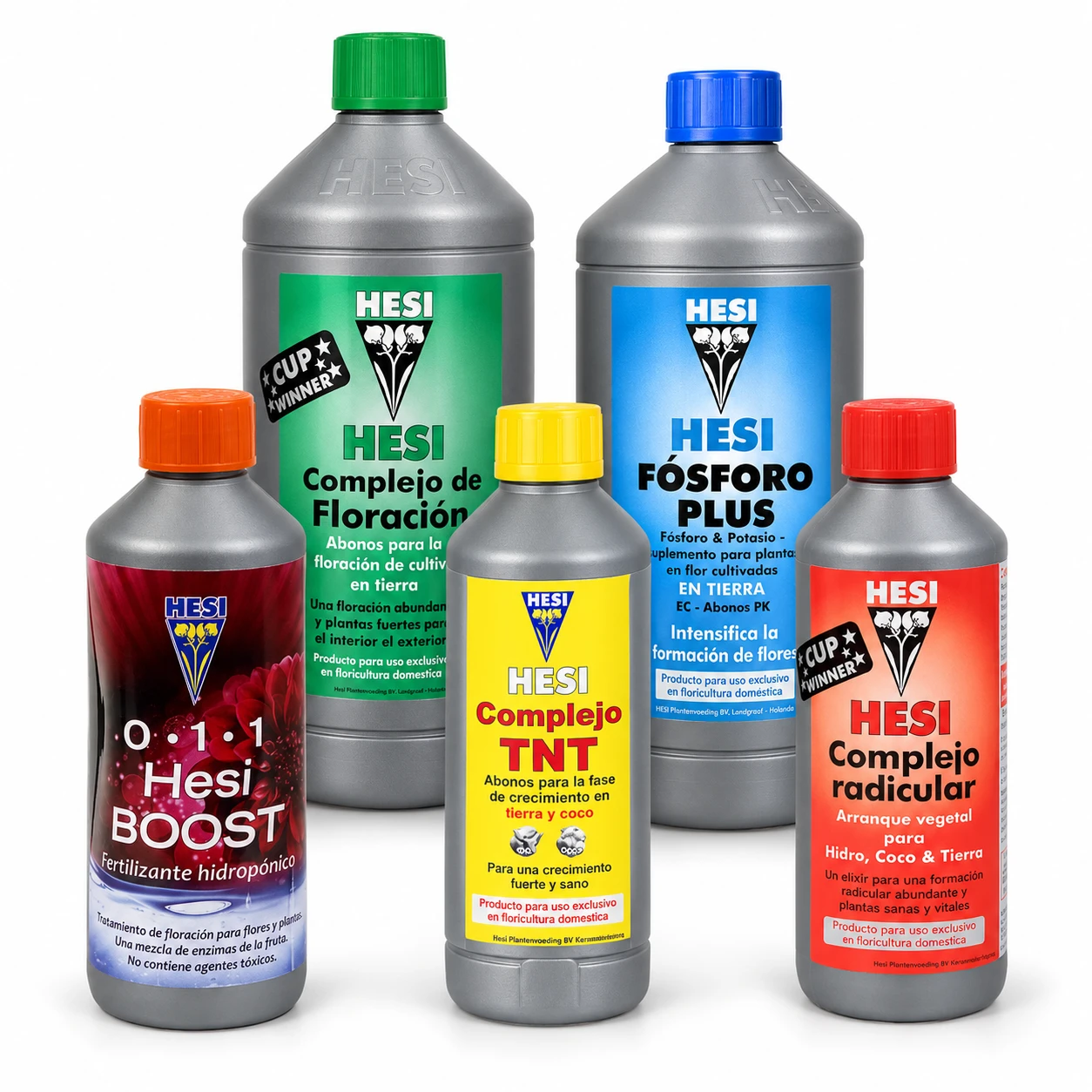 Selección de abonos HESI en botellas grises: Complejo de Floración, Fósforo Plus, Boost, Complejo TNT y Complejo radicular, sobre fondo blanco.