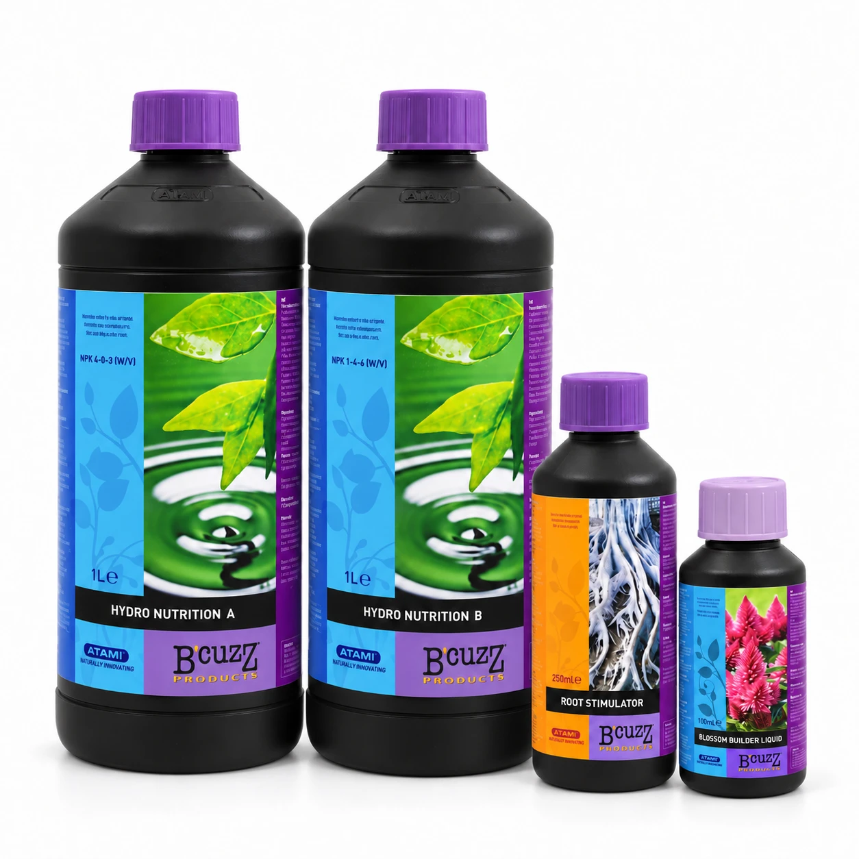 Envases del kit Atami B’cuzz Hydro: Hydro Nutrition A y B, Root Stimulator y Blossom Builder Liquid, con botellas negras y tapones morados.