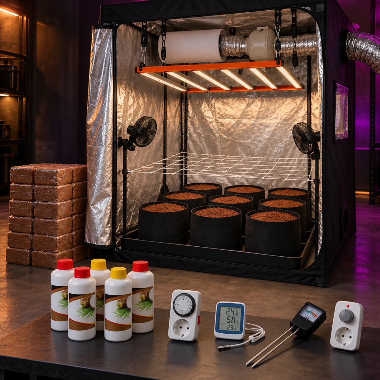 Kit de cultivo con armario abierto, panel LED, ventilación y macetas, con botellas y aparatos de medición y control en primer plano.