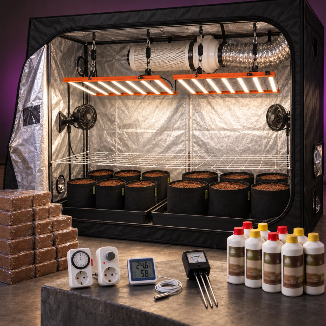 Armario de cultivo abierto con paneles LED, ventiladores, filtro y macetas; delante, botellas, bloques de sustrato e instrumentos de control.