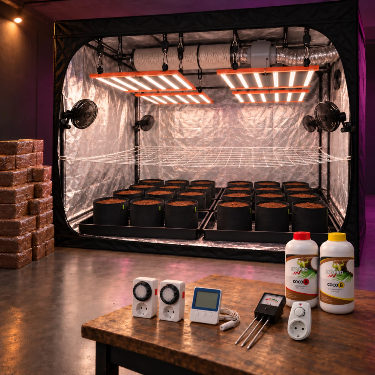 Kit de cultivo en armario abierto con paneles LED, macetas, ventiladores y malla, con temporizadores, medidores y abonos sobre una mesa.