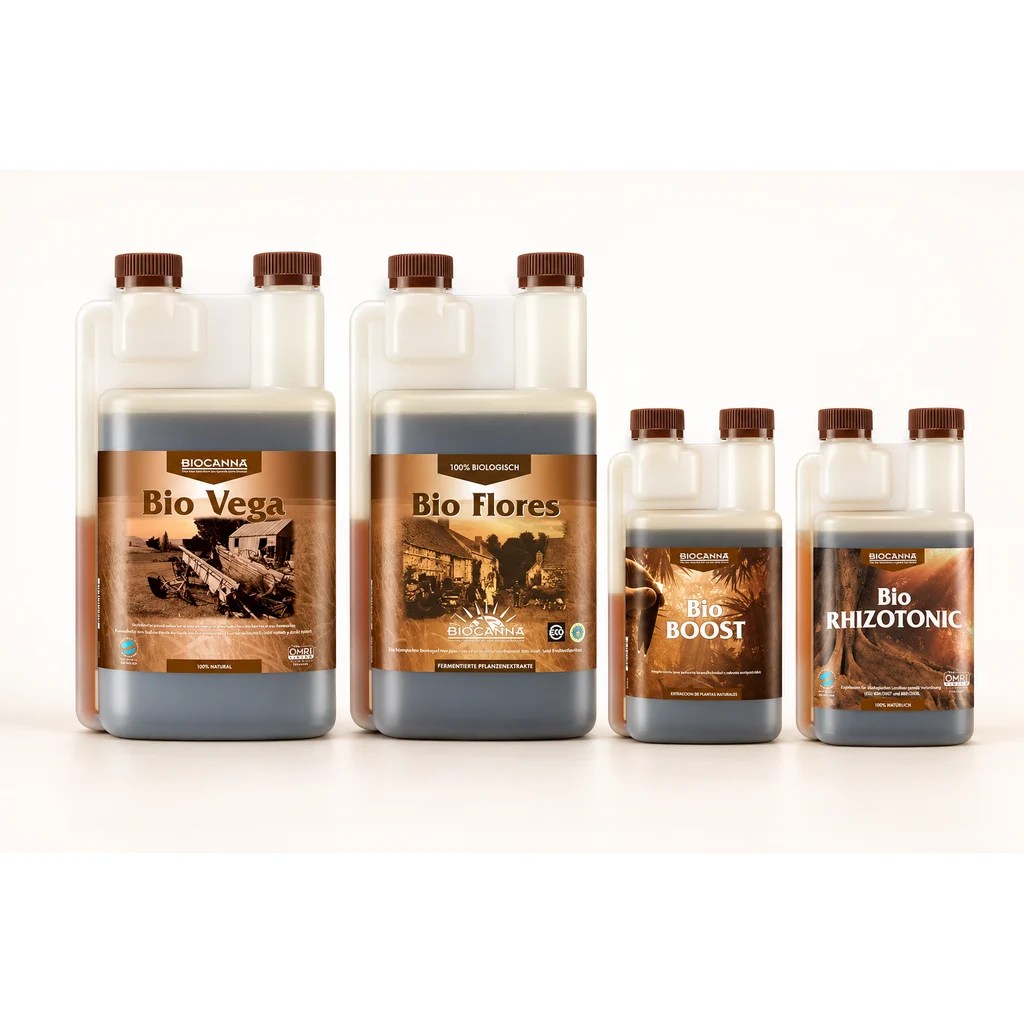 Envases BIOCANNA de Bio Vega, Bio Flores, Bio Boost y Bio Rhizotonic, en distintos tamaños, con tapones marrones sobre fondo claro.