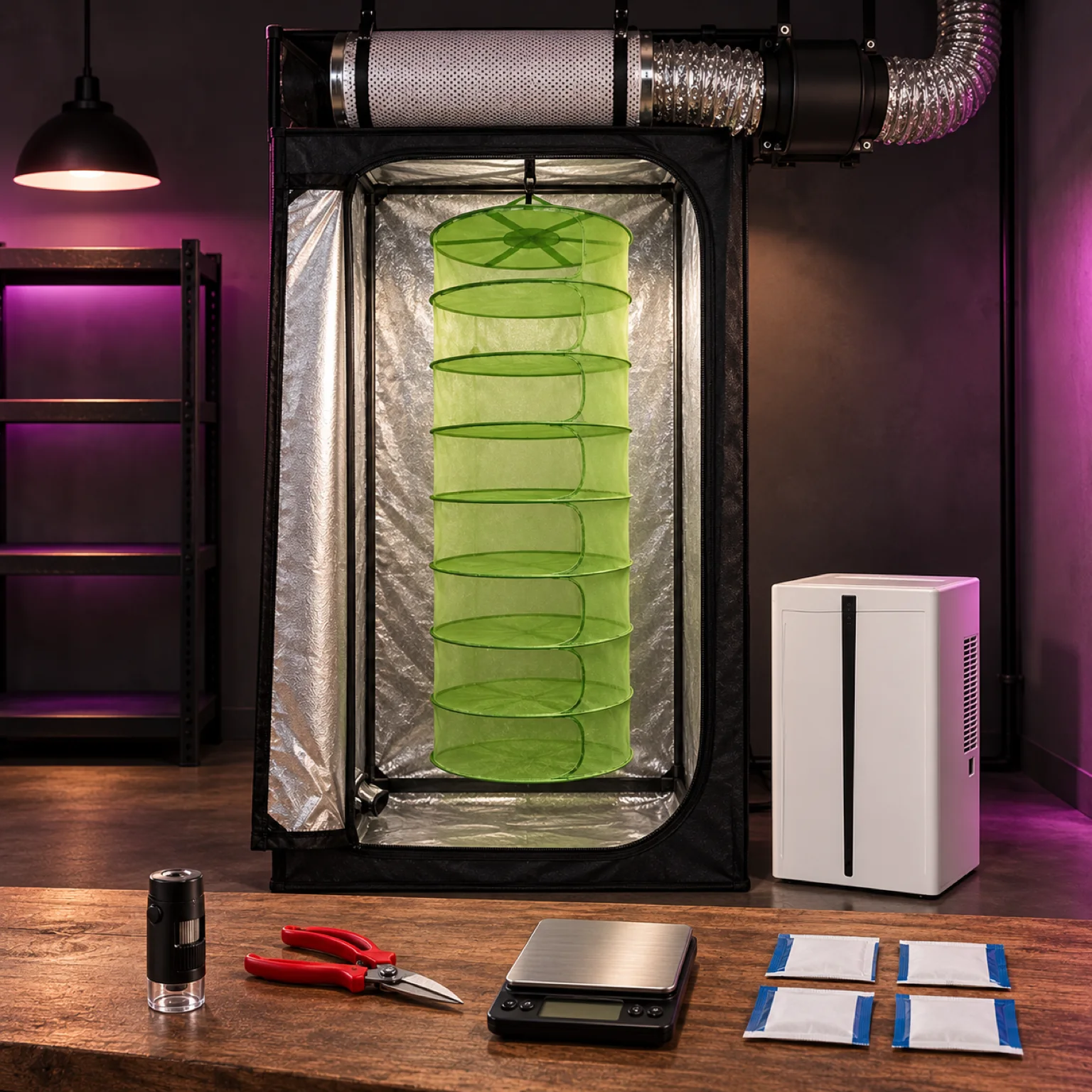 Kit de cosecha, secado y curado con armario abierto, secadero de malla verde, ventilación y accesorios sobre una mesa.