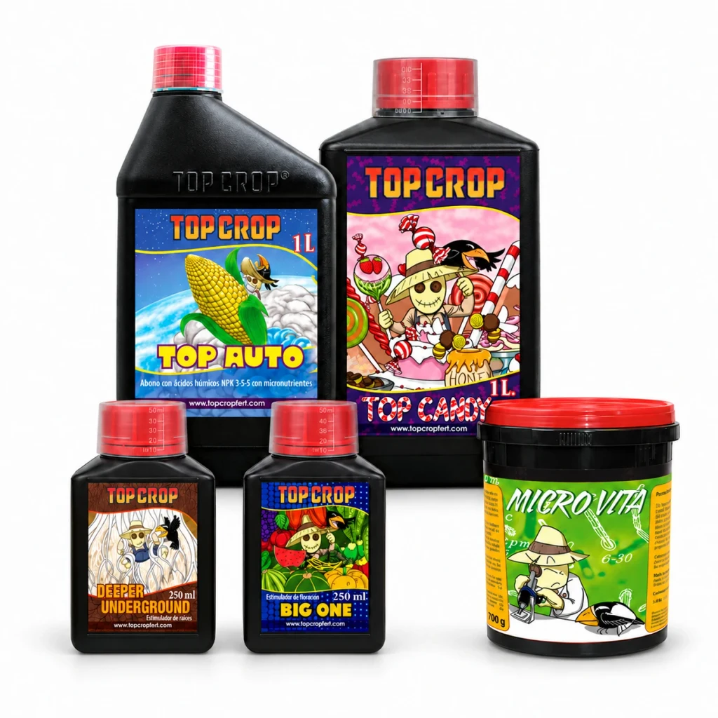 Kit Top Crop Auto con MicroVita: botellas negras de Top Auto, Top Candy, Deeper Underground y Big One junto a un bote con tapa roja.