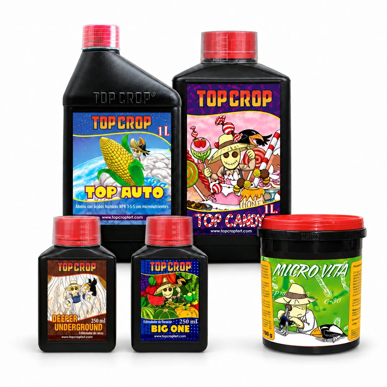 Kit Top Crop Auto con MicroVita: botellas negras de Top Auto, Top Candy, Deeper Underground y Big One junto a un bote con tapa roja.