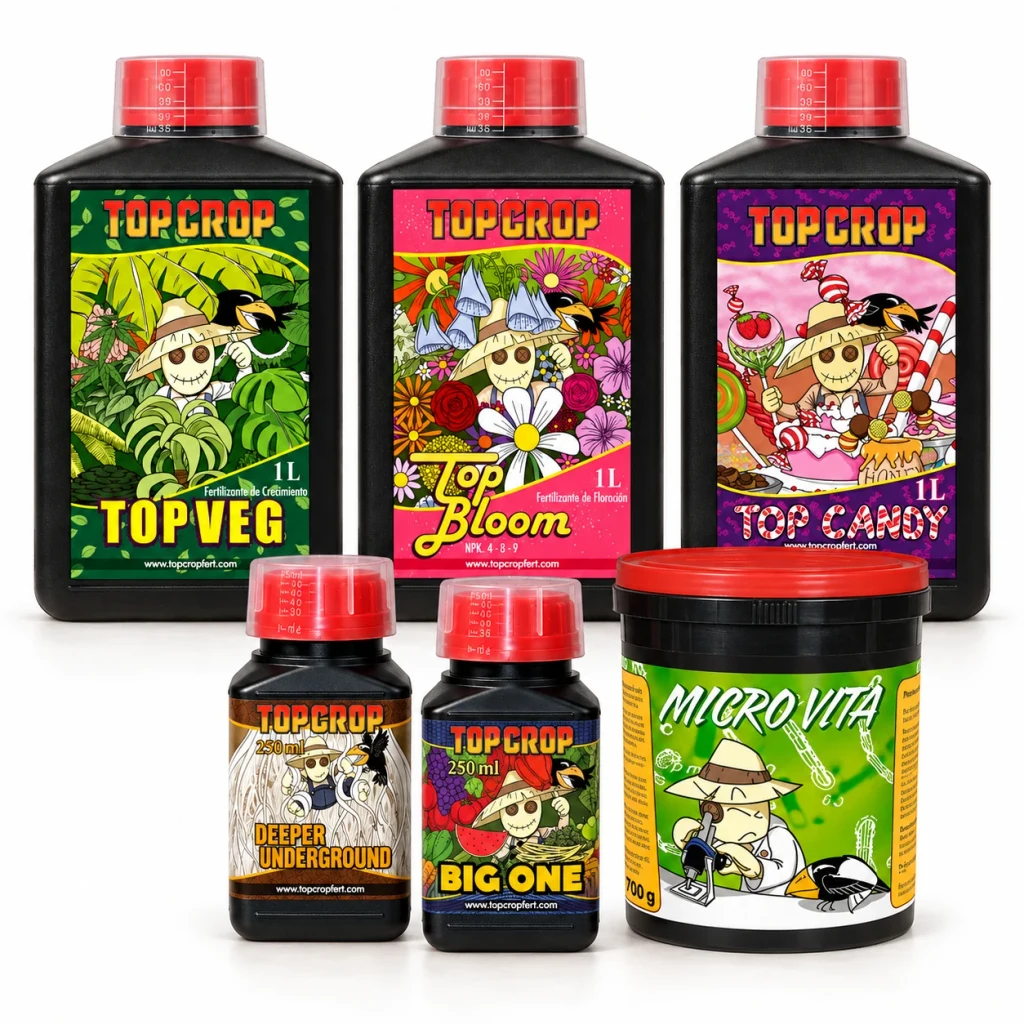 Envases Top Crop de Top Veg, Top Bloom, Top Candy, Deeper Underground y Big One, junto a un bote de MicroVita de 700 g, sobre fondo blanco.