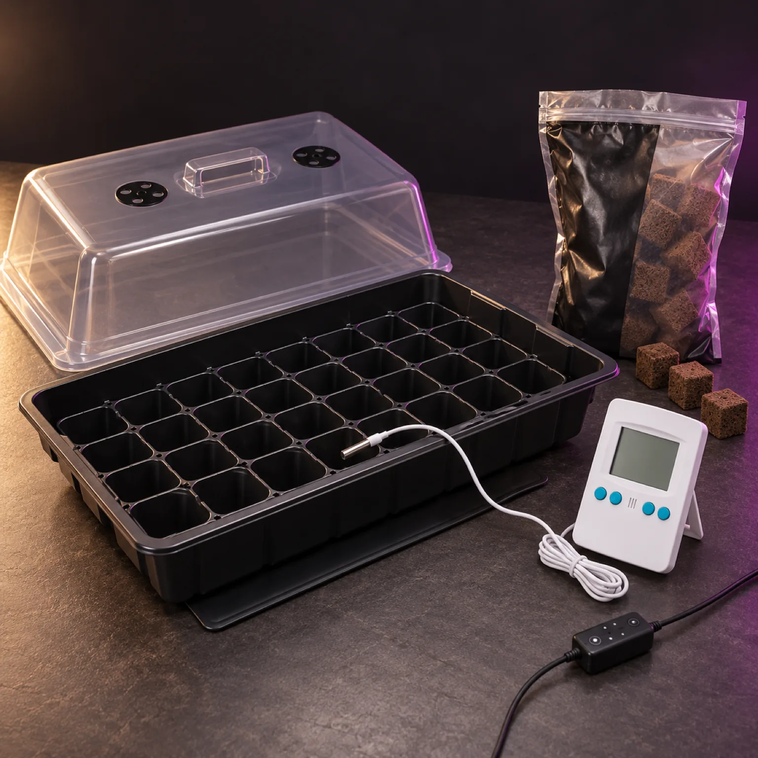 Kit de germinación con bandeja de alvéolos, tapa transparente, manta térmica, sensor con pantalla y bloques de sustrato junto a una bolsa.
