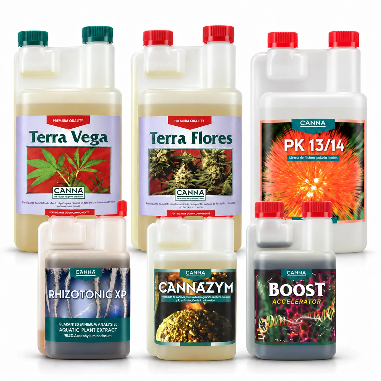 Envases CANNA Terra Vega, Terra Flores, PK 13/14, Rhizotonic XP, Cannazym y Boost Accelerator, con tapones rojos y verdes sobre fondo blanco.
