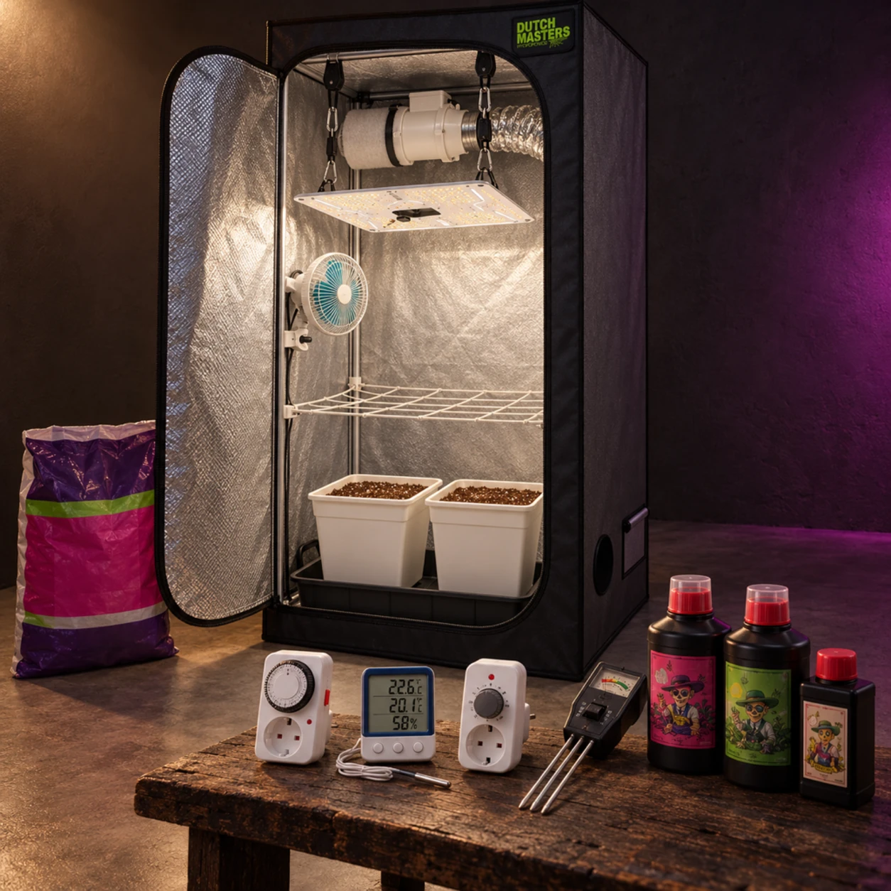 Kit de cultivo interior con armario abierto, panel LED, ventilador y macetas; delante, temporizadores, medidores y botes de nutrientes.