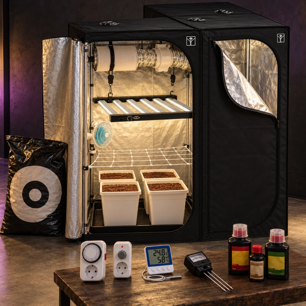 Kit de cultivo interior con armario abierto, panel LED, extractor, ventilador y macetas; medidores y botes sobre una mesa.