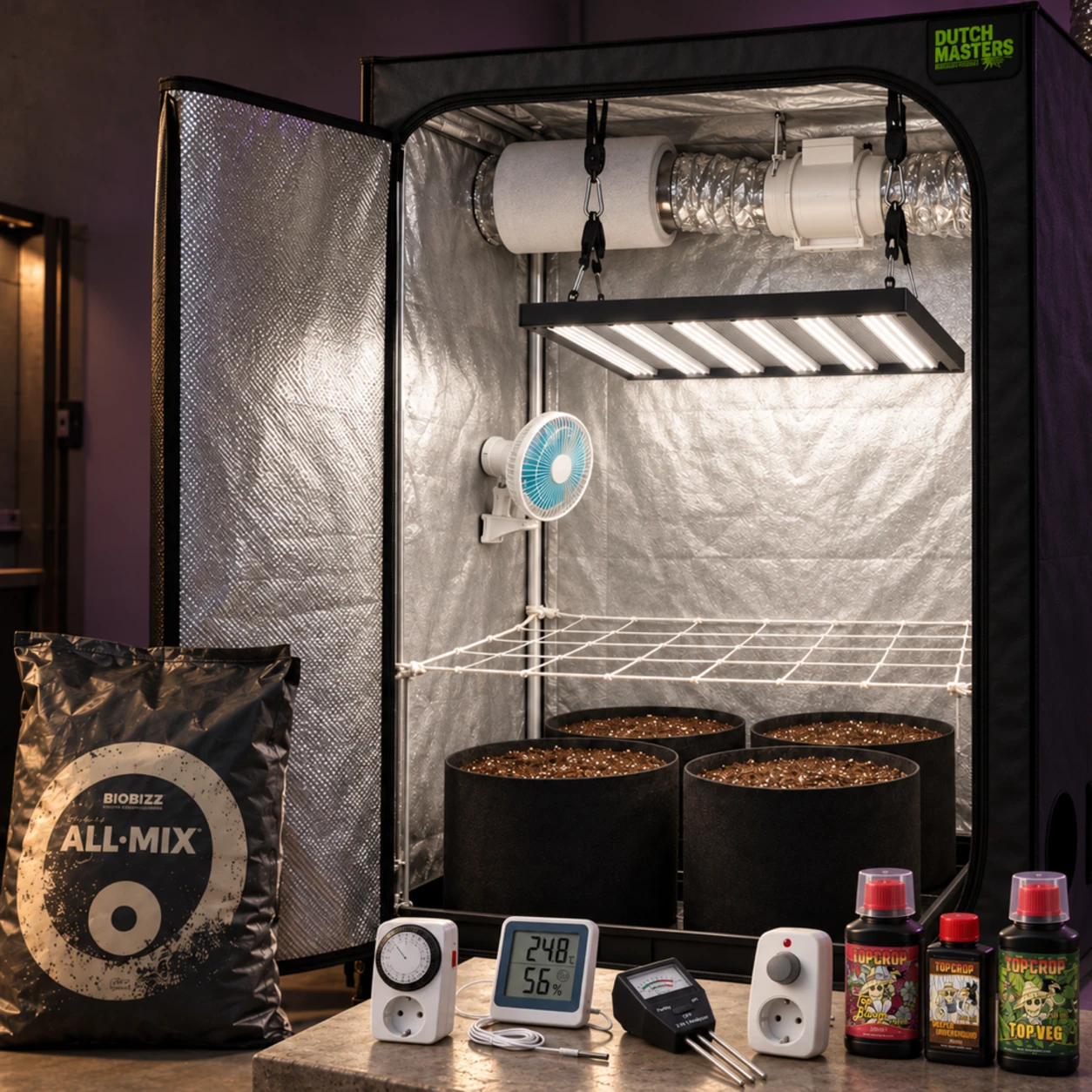Armario de cultivo abierto con LED, ventilación, malla y macetas textiles negras; saco All-Mix, medidores y fertilizantes delante.