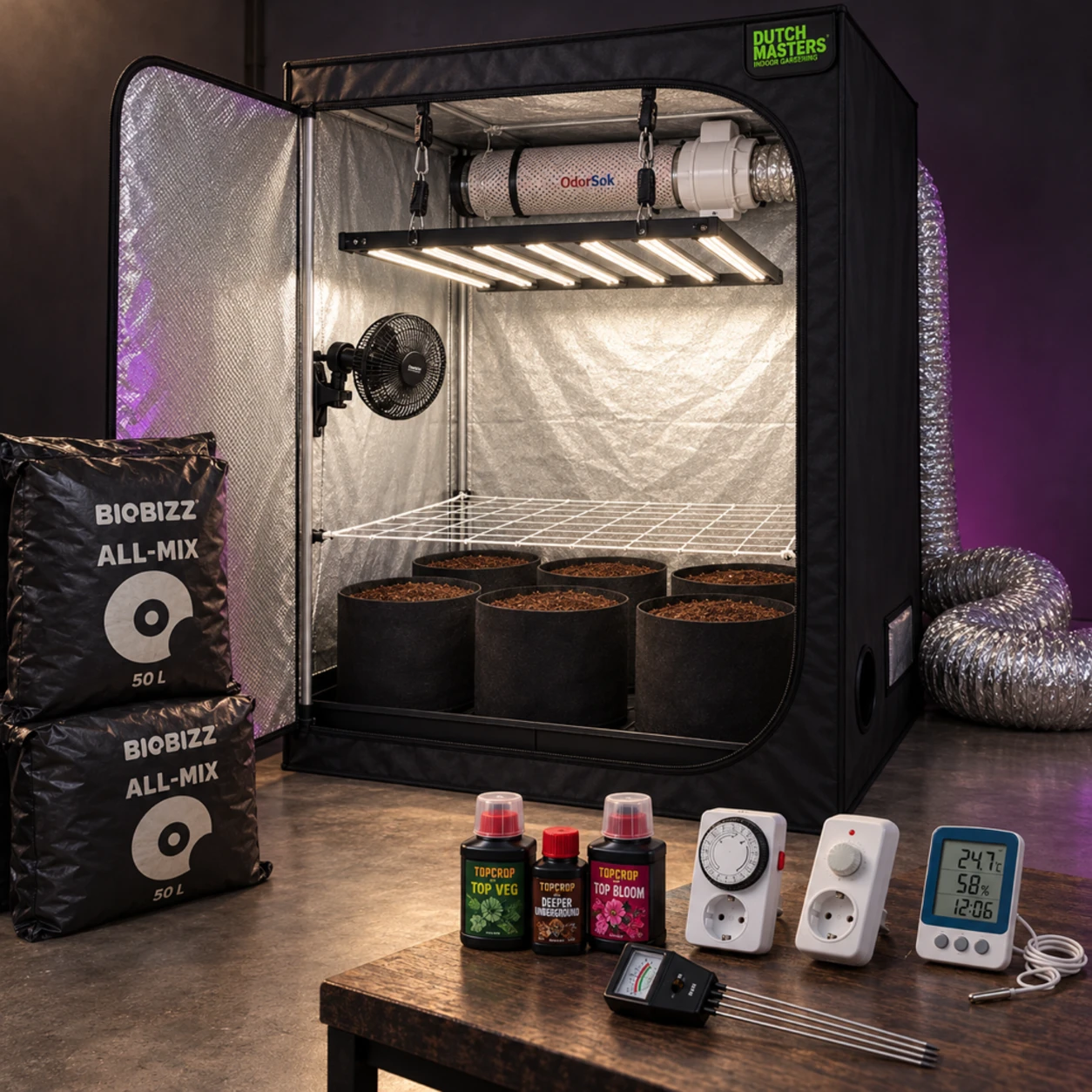 Kit de cultivo interior con armario abierto, panel LED, ventilador, filtro y macetas; sustrato, abonos y controles en primer plano.