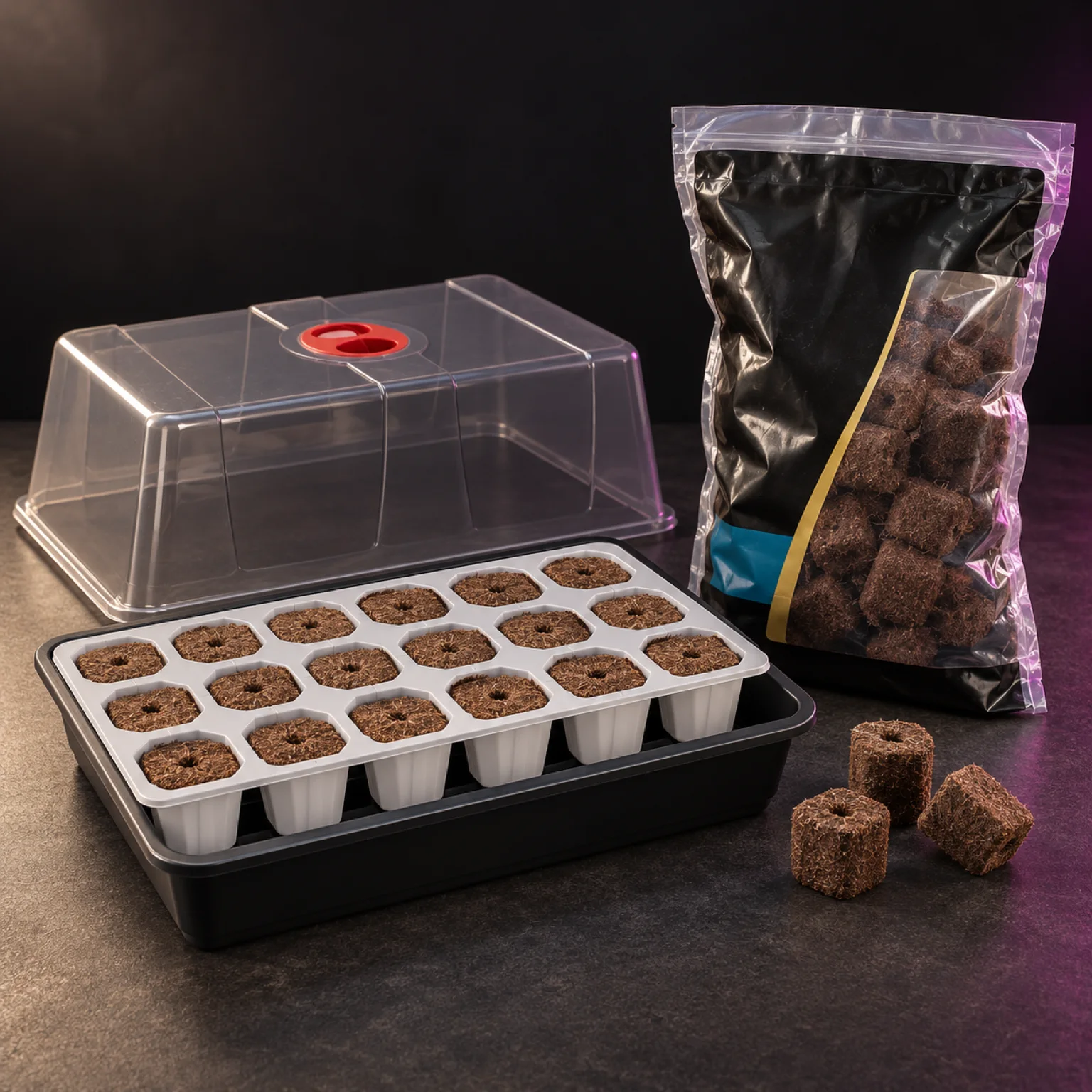 Kit de germinación con bandeja de alvéolos, tapa transparente con respiradero rojo y una bolsa de tacos de sustrato, con varias unidades sueltas.