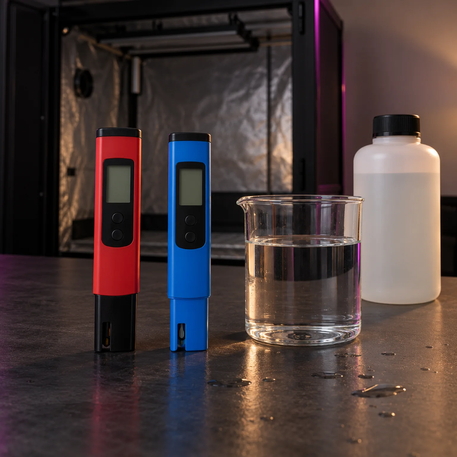 Kit de medición de pH y EC con medidores rojo y azul, vaso con líquido transparente y botella blanca frente a un armario de cultivo.