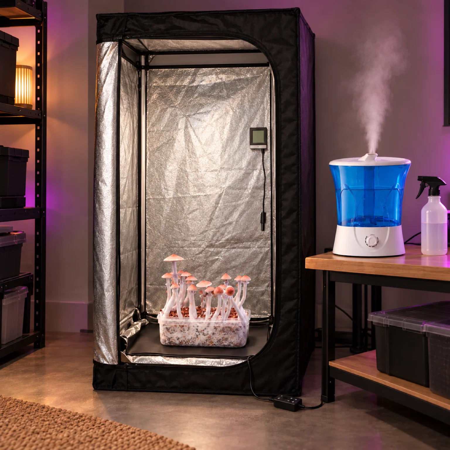 Kit de cultivo de setas con armario abierto de interior reflectante, bandeja con setas y humidificador azul sobre una mesa lateral.