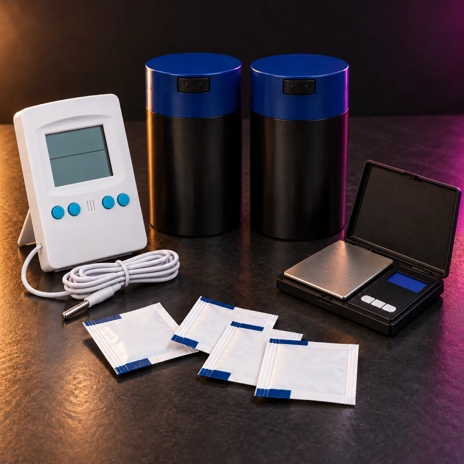 Kit de curado con botes negros de tapa azul, medidor digital con sonda, báscula abierta y varios sobres sobre una mesa oscura.