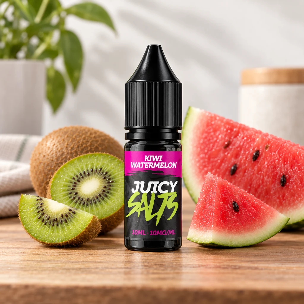 Frasco negro de Kiwi Watermelon de Juicy Salts, con etiqueta de 10 ml y 10 mg/ml, entre kiwi y sandía sobre una mesa.
