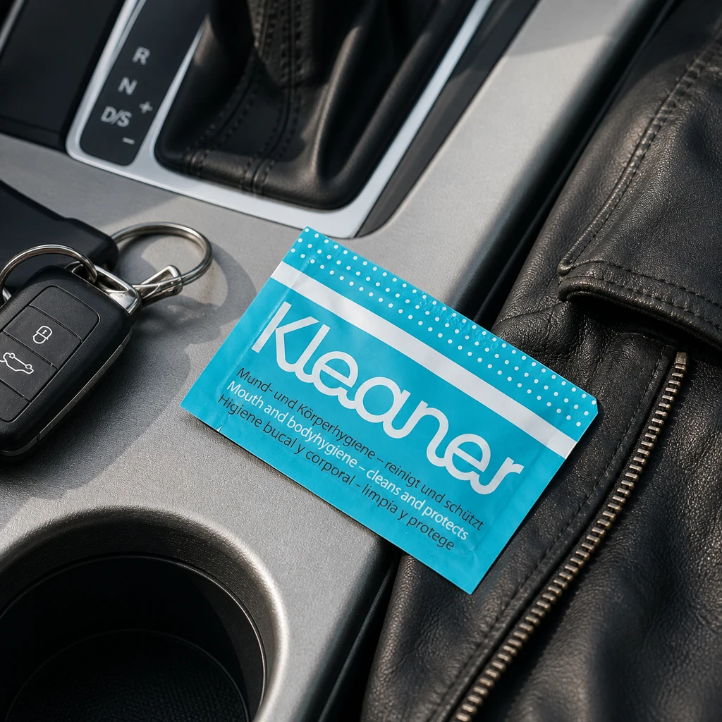 Sobre turquesa de Kleaner sobre la consola de un coche, junto a unas llaves, la palanca de cambios y una prenda negra con cremallera.