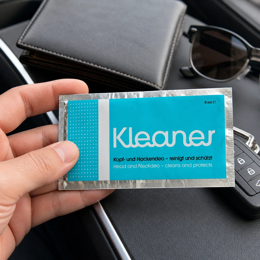Una mano sostiene un sobre plateado y turquesa de Kleaner de 9 ml, con una cartera, gafas de sol y una llave de coche al fondo.