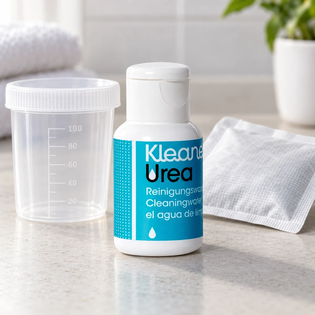 Bote de Kleaner Urea con etiqueta turquesa junto a un recipiente graduado y un sobre blanco sobre una encimera. Bote de Kleaner Urea con etiqueta turquesa junto a un recipiente graduado y un sobre blanco sobre una encimera.