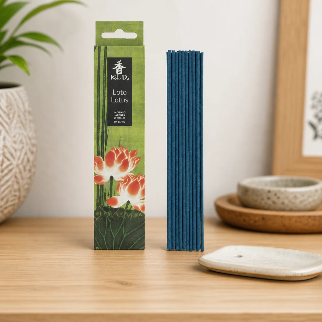 Caja verde de incienso Koh Do Loto junto a varias varillas azules y un soporte claro sobre una mesa de madera.