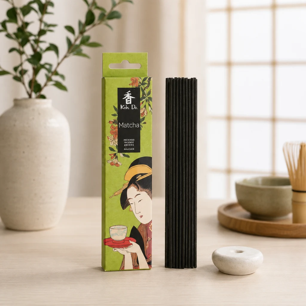 Caja verde de incienso Koh Do Matcha junto a varillas oscuras y un soporte blanco, sobre una mesa con elementos de té al fondo. Caja verde de incienso Koh Do Matcha junto a varillas oscuras y un soporte blanco, sobre una mesa con elementos de té al fondo.
