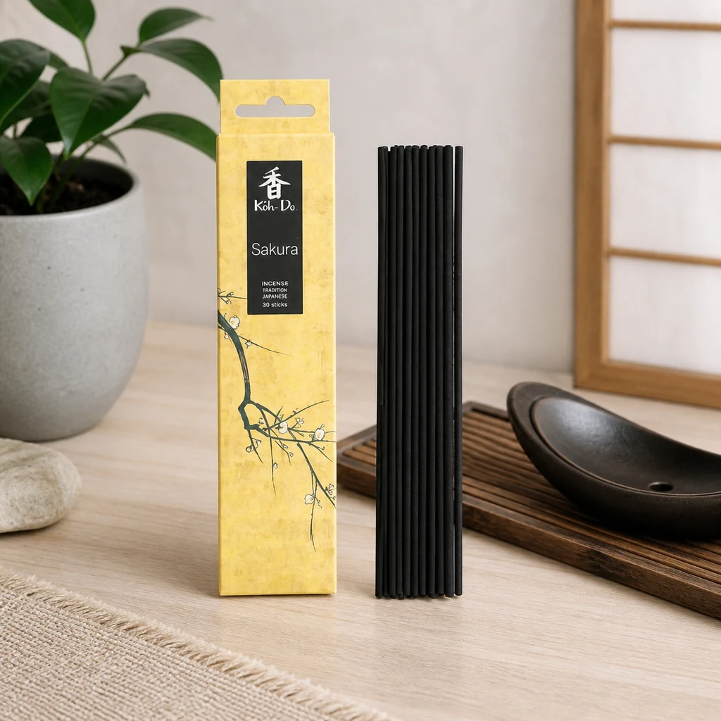 Caja amarilla de incienso Koh Do Sakura junto a varias varillas negras y un portaincienso oscuro sobre una bandeja.