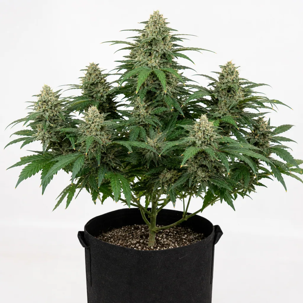 Planta de Kritikal Bilbo x AK-47 en floración, con varios cogollos y hojas verdes, en una maceta de tela negra sobre fondo blanco.