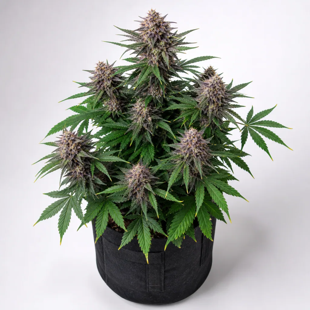 Planta de La Blanca Gold Feminizada en maceta textil negra, con varios cogollos de tonos morados y hojas verdes sobre fondo claro.