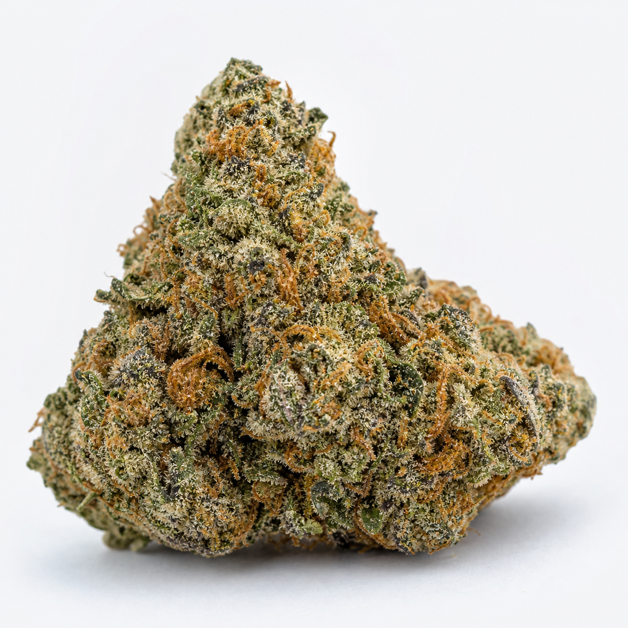 Cogollo de Kaboom (La Reina de Africa), de perfil triangular, con tonos verdes, filamentos anaranjados y cobertura blanquecina.