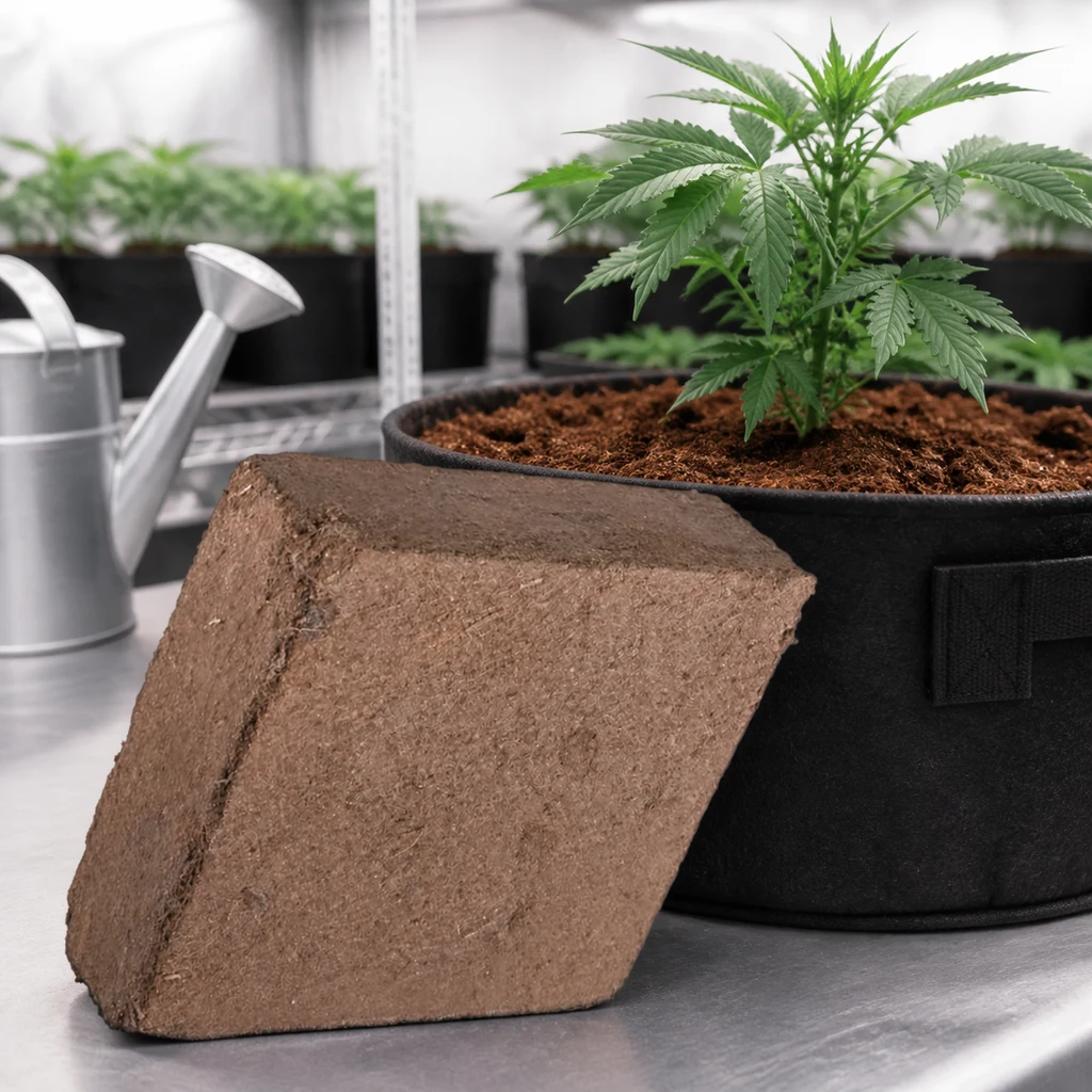 Bloque de fibra de coco junto a una maceta textil negra con una planta de cannabis y una regadera al fondo.