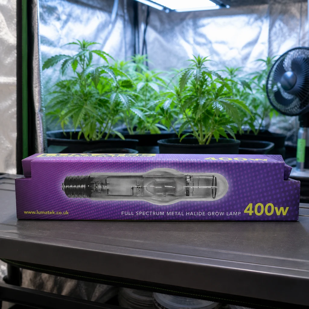 Caja morada de lámpara Lumatek MH 400 W ante un armario con plantas y un ventilador, en una escena generada.