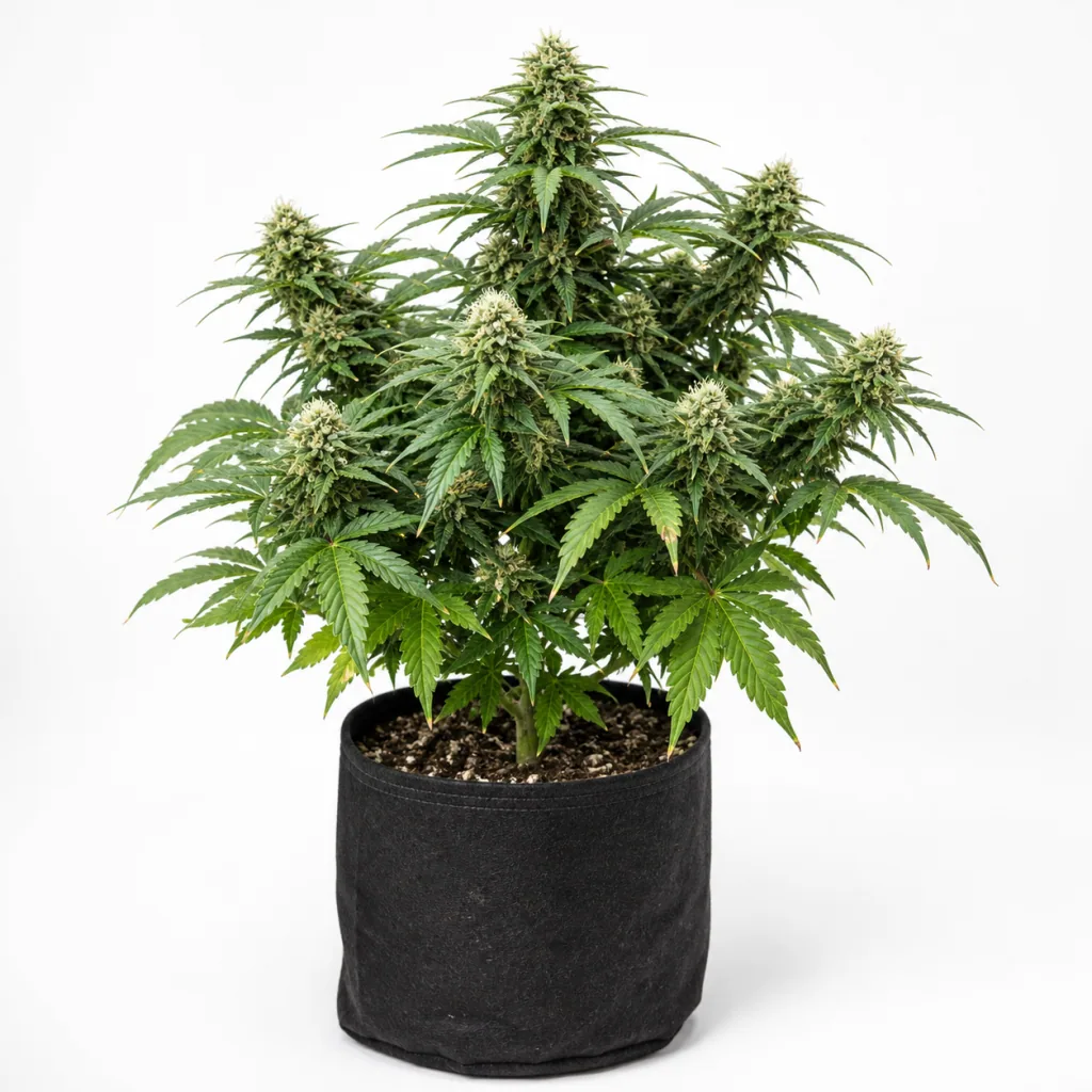 Planta de Larry OG Feminizada en floración, con varios cogollos y hojas verdes, en una maceta textil negra sobre fondo blanco.