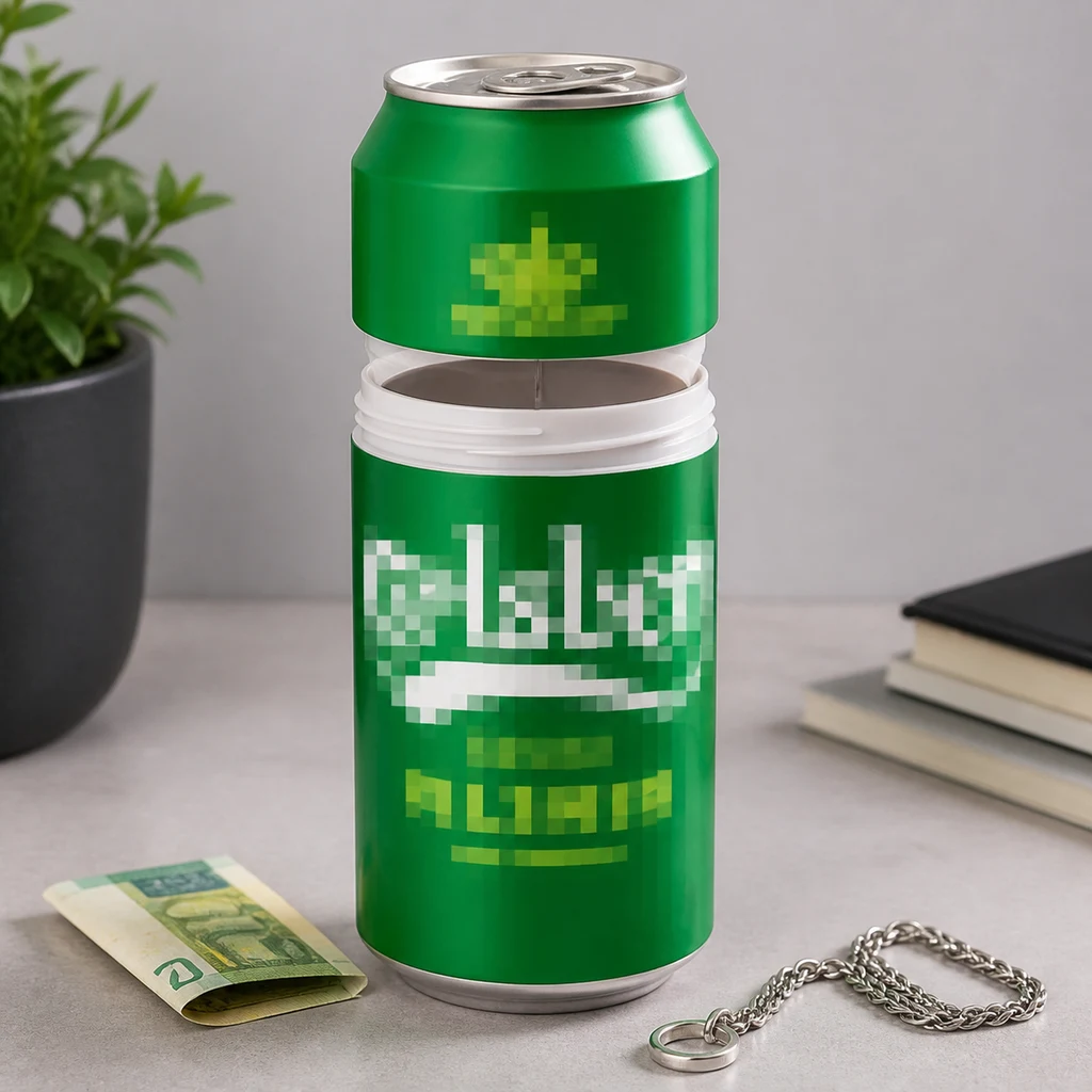 Lata verde camuflada con la parte superior levantada y un compartimento interior visible, junto a un billete doblado y una cadena.