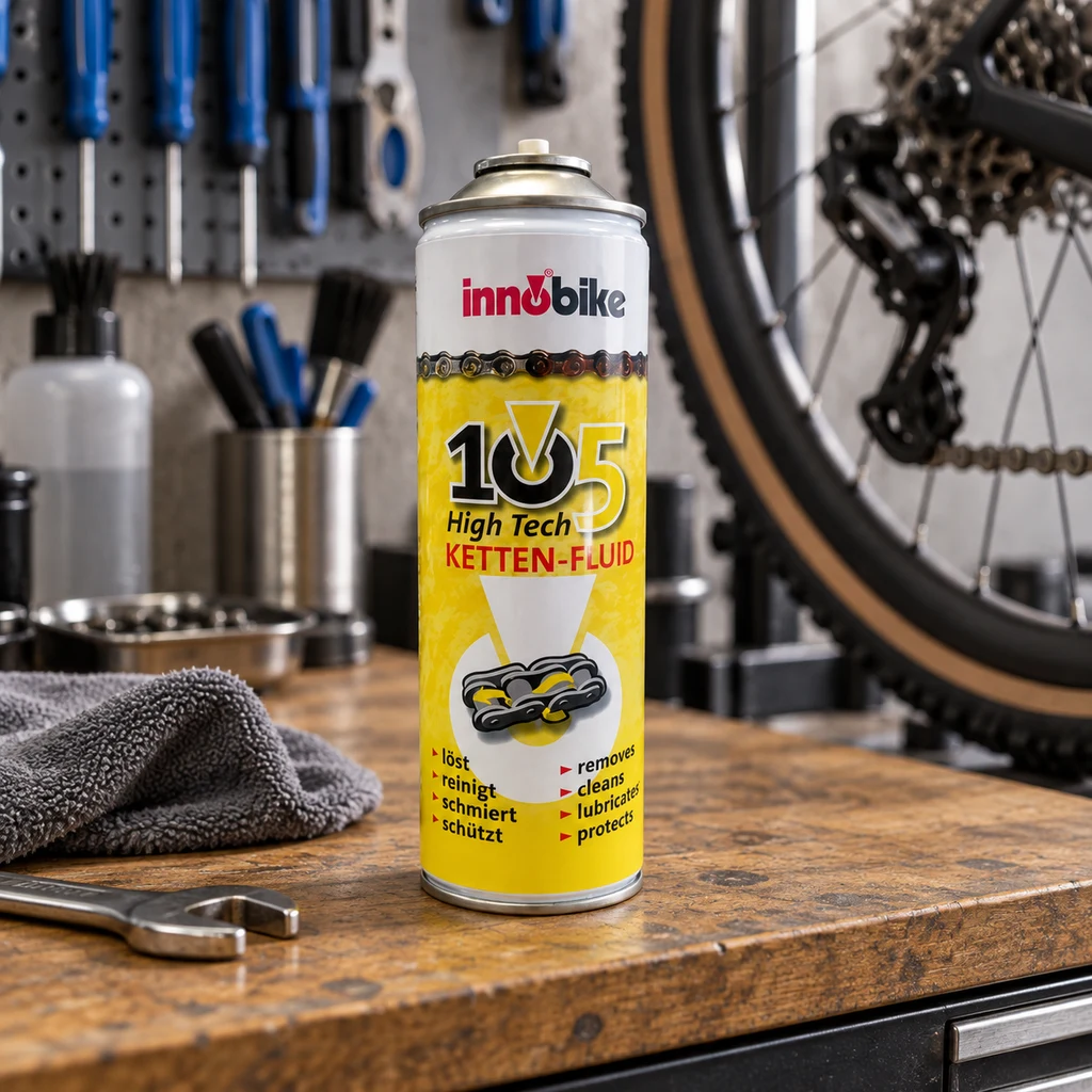 Lata de escondite Innobike con aspecto de aerosol y etiqueta amarilla sobre un banco de taller, junto a herramientas y una bicicleta. Lata de escondite Innobike con aspecto de aerosol y etiqueta amarilla sobre un banco de taller, junto a herramientas y una bicicleta.