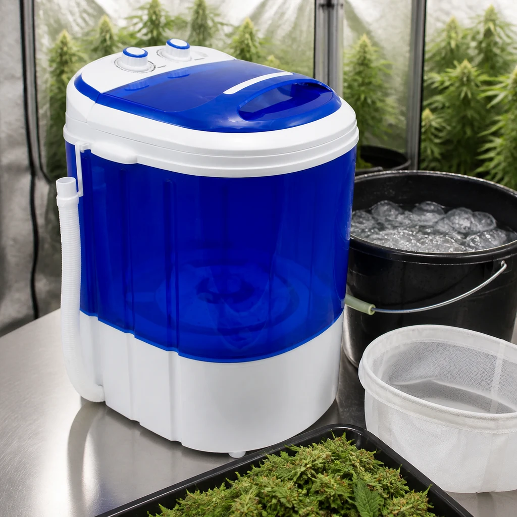 Máquina de Lavar Icer azul y blanca junto a un cubo con hielo, una bolsa de malla y una bandeja con restos vegetales, en una escena generada. Máquina de Lavar Icer azul y blanca junto a un cubo con hielo, una bolsa de malla y una bandeja con restos vegetales, en una escena generada.