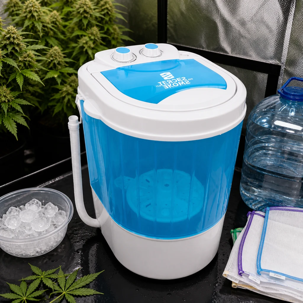 Lavadora de extracción azul y blanca con dos mandos y manguera lateral, junto a hielo, una garrafa y bolsas de malla. Lavadora de extracción azul y blanca con dos mandos y manguera lateral, junto a hielo, una garrafa y bolsas de malla.