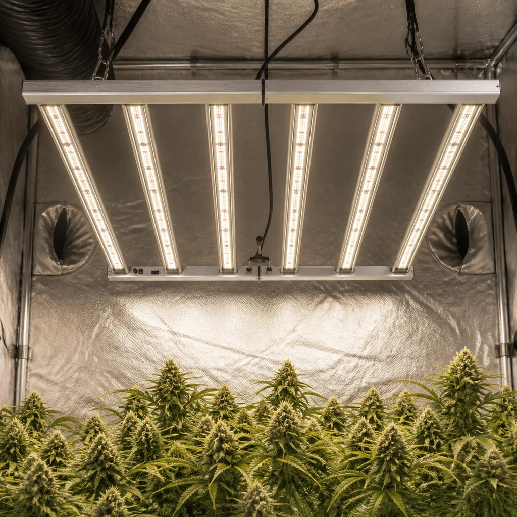 Luz LED Lazerlite Pro suspendida sobre plantas en floración dentro de un armario reflectante, en una escena generada.