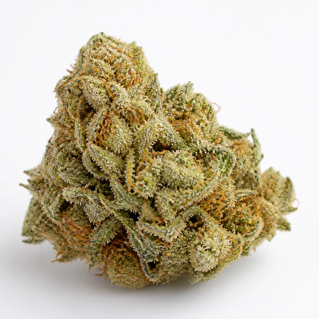 Ilustración de un cogollo verde con filamentos anaranjados y superficie blanquecina para la ficha de Lebron Haze Feminizada de BSF Seeds.