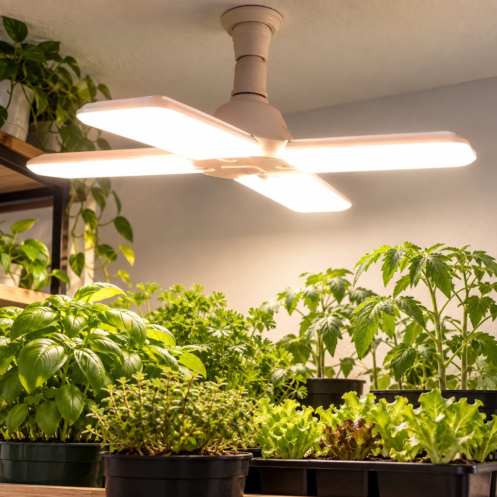 Lámpara de cultivo con cuatro paneles luminosos desplegados desde un casquillo central, sobre macetas de hierbas y hortalizas.