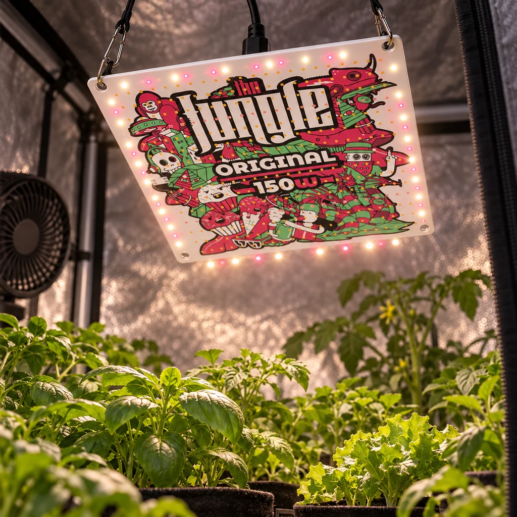 Panel LED Jungle Original 150 W suspendido y encendido sobre varias plantas, dentro de un armario de cultivo con paredes reflectantes.