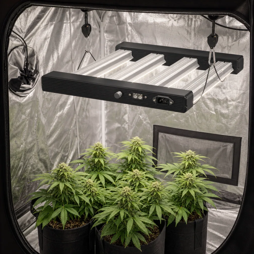 Luminaria negra Platinum King LED suspendida sobre plantas de cannabis en macetas, dentro de un armario de paredes reflectantes.
