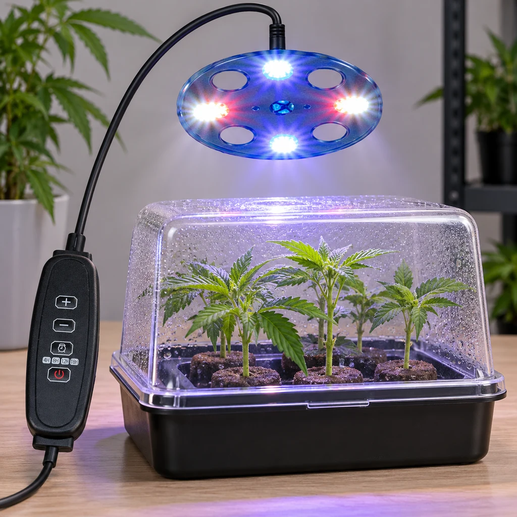 Luz LED circular encendida sobre un propagador con tapa transparente y esquejes, con brazo flexible y mando lateral.